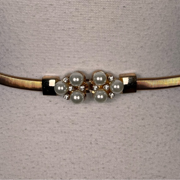 70’s Stretch Metal Belt Jeweled Buckle Disco Gold Tone Pearl Rhinestone Retro - Picture 2 of 8